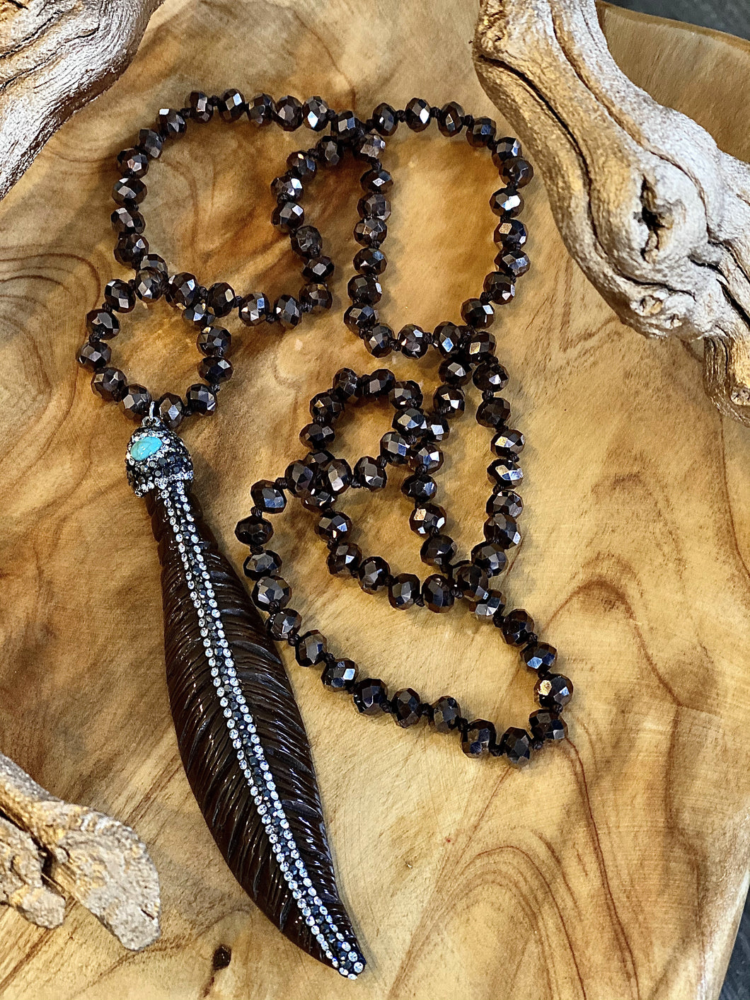 Black Crystal Beaded Feather Pendant Necklace
