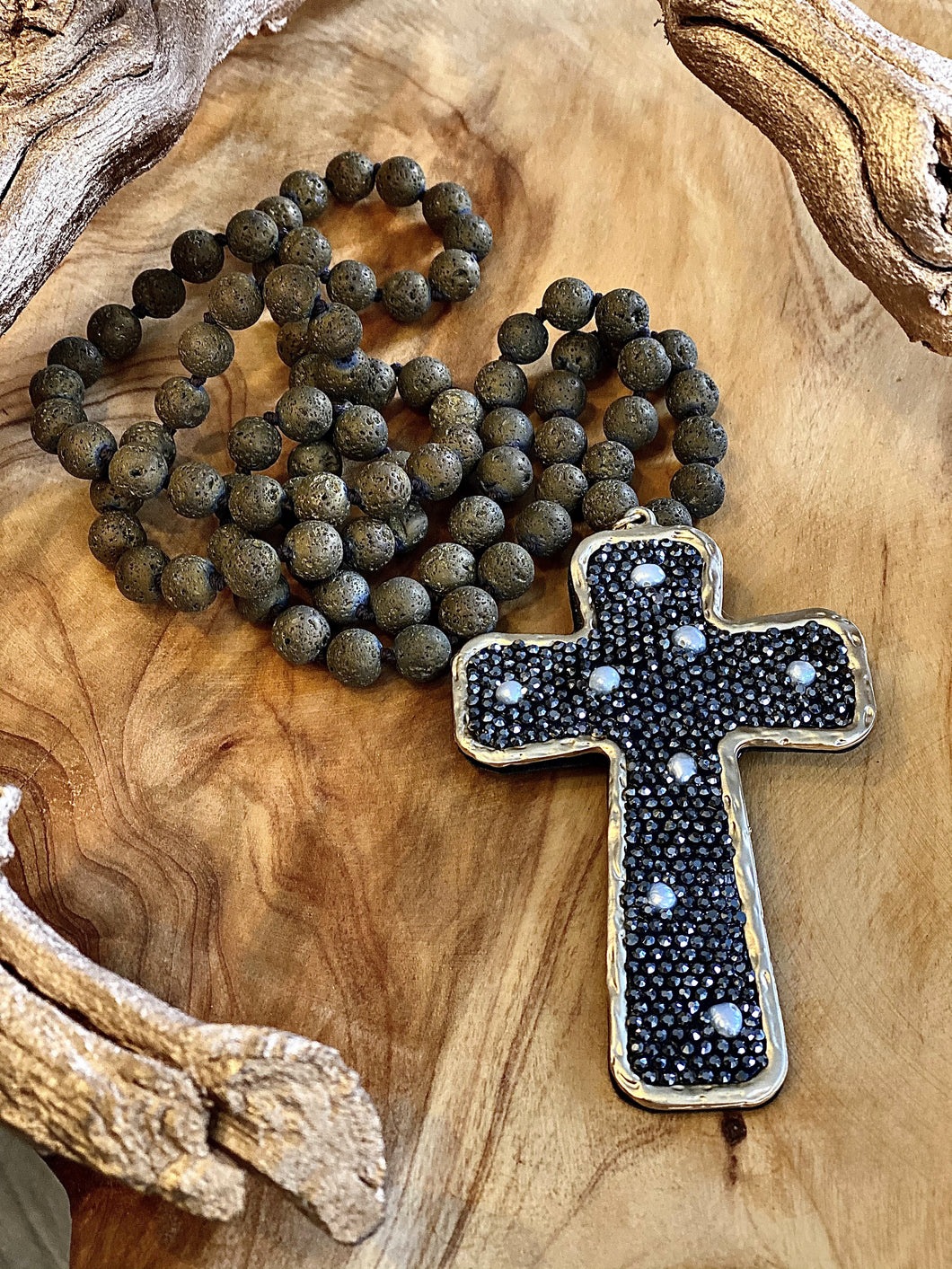 Brown beaded cross crystal necklace