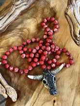 Load image into Gallery viewer, Red beaded ox head pendant necklace
